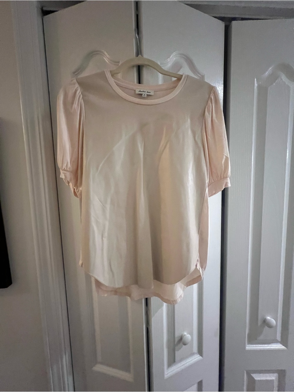 Another Love  Pink Puff-Sleeve Leather Front Blouse